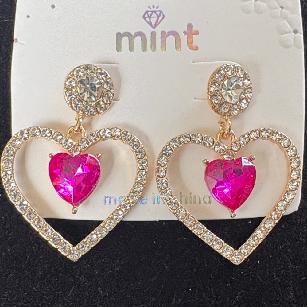 Mint Gold and Pink Crystal Heart Earrings
